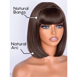 CurlCOO 10 Inch Straight Bob Wig with Bangs Synthetic Short Natural Brown Wig,Natural Looking Heat Resistant Fiber Hair for Women,Ready to Go Short Wigs For Women