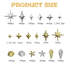 3 Bags Nail Charms,Gold Silver Star Shell Charms for Nails Art,Mixed Metal Nail Studs Kits,3D Nail Charms Art Decorations Accessories for Women Girls Nail DIY Design