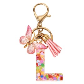 Cheriswelry Resin Letter L Key Chain Pink Alphabet Design Keychain Pendant with Butterfly Tassel Alloy Rings for Key Wallet Handbags Pendant Accessories