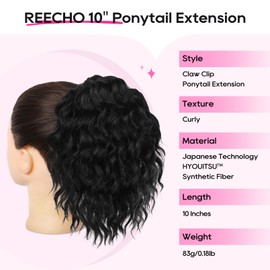 REECHO Ponytail Extension, 10” Short Curly Claw Clip Ponytail Extension for Black Women, Synthetic Fluffy Soft Wavy Pony Tails Hair Extensions, Natural Black