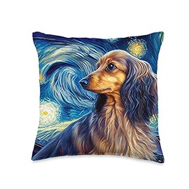long hair Dachshund in Starry Night Painting Dog Mom Dad Throw Pillow