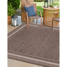 Unique Loom Outdoor Border Collection Area Rug - Soft Border (10' Square Brown/Ivory)