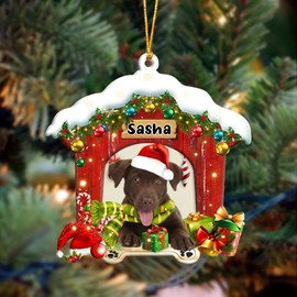 Christmas Dog Lovers - Chocolate Labrador Dog in Red Wood House Christmas Ornament, Personalized 2D Shaped Ornament, Xmas Ornament, Custom Your Dogs Name, Personalized Acrylic Dog Christmas Ornaments