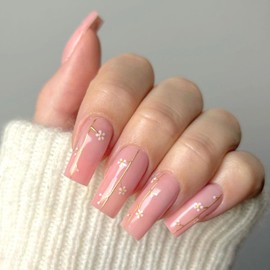 LoveOurHome 24pc Square Press on Nails Medium Fake Nails Pink Glue on Nail Spring Flower Acrylic Nails Press ons Nails Medium Square Women Girls False Artificial Fingernails with Glue Adhesive Tabs