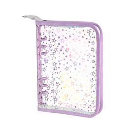 NEWEST A5 Budget Binder Cover with Zipper for Cash Budget System, Glitter Stars A5 6 Ring Binder Planner, Clear PVC Refillable Notebook Shell for Journal Albums Diary School Office Supplies, Purple