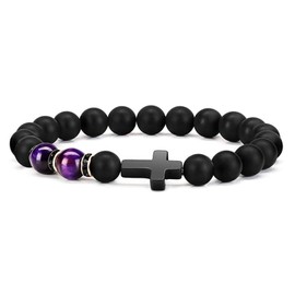 APMGONT Natural Lava Stone Bead Obsidian Bracelets, Christian Bracelet for Men Women, Jesus Cross Bracelet, Birthday Christmas Gifts for Men Women (Purple)