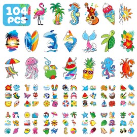Acevegue Pool Party Children's Birthday 104 Sheets Tattoos for Children, Skin-Friendly Waterproof Temporary Tattoos Adults, Hawaii Summer Beach Party Bag Decoration Sticker Summer Holiday Gift