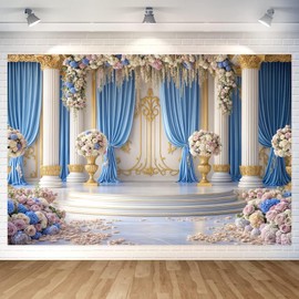 7X5ft Luxurious Blue and White Floral Backdrop for Photography Castle Palace Wedding Party Decortion Elegant Flowers Backdrop Wedding Birthday Party Decorations Bridal Shower Backdrops Studio Props
