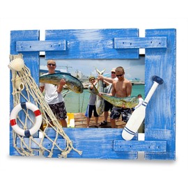 BANBERRY DESIGNS Beach Picture Frame with Sea Shells - Weathered Ocean Blue Wood Background - Nautical Kids Bathroom Decor - for 4x6 Photo