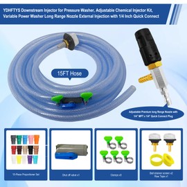 Adjustable Long Range Downstream Injection Nozzle Kit 4-4.5 GPM, Pressure Washer Spray Nozzle, Spray Nozzle Pressure Washer with 1/4" Quick Connect/15FT Hose/Shut-off Valve/Filter.2500 to 4000 PSI.