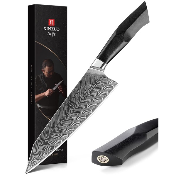 XINZUO Damascus Steel Chef's Knife 21.5cm Kiritsuke Knife Professional Forged Gyuto Cooking Knife, Black G10 Handle -Feng Series