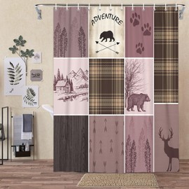 Rustic Cabin Bear Deer Shower Curtain, Country Pink Plaid Shower Curtain Set for Bathroom, Farmhouse Forest Nature Fabric Shower Curtain Restroom Bathtub Decor Accessories with Hooks 69x70inches