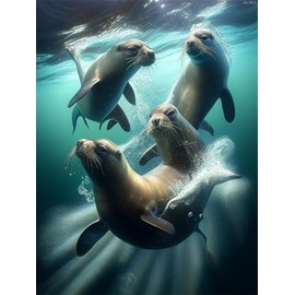 5D DIY Diamond Painting Kits Colorful Animals Full Drill, Diamond Painting Kits Art, Animals Diamond Art, Sea Lions in The Sea Diamond Painting Craft for Home Office Wall Decor 12x16 inch