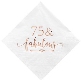 Crisky Servilletas de cóctel de 75 y fabulosas color oro rosa para mujer, decoraciones de cumpleaños 75, suministros de mesa de postre Bevergae para cumpleaños 75, 50 unidades, 3 capas
