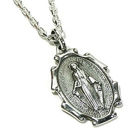 Mary Statue Medallion (Miraculous Medal), Silver Pendant, Popular, Men's, Silver, No Gemstone