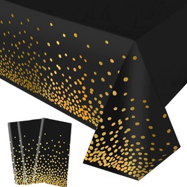 3pcs 137 x 274cm Black Gold Dot Disposable PVC Table Cloth Wipeable Tablecloths Rectangular, Plastic Clean Tablecloth Waterproof, Oil-proof Table Cover for Birthdays Table Cover for Picnic, Christmas