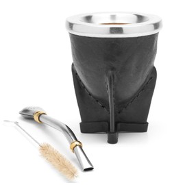 Leather Wrapped Handmade Mate Gourd Including Straw (Bombilla) (Black)
