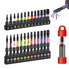 GEINXURN 26-Piece Torx Hollow Screwdriver Bit Set Impact-Resistant TT7-TT40 25 mm 50 mm Length, 1/4 Inch Hex Shank S2 Alloy Steel Bit Set with 1 Piece 60 mm Magnetic Bit Holder, Colour-Coded Base
