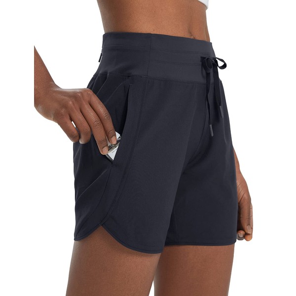 BALEAF Women's 5" Running Shorts Unlined Athletic Workout Shorts Zipper Pocket Black M