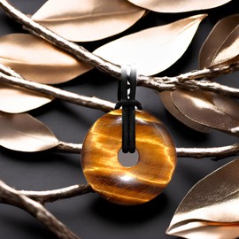 Kaltner Presents Necklace Tiger Eye Gemstone Donut Pendant with Leather (Diameter 40 mm)