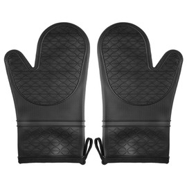 2er Set Rutschfester Topfhandschuhe Silikon, Hitzebeständig Bis 250°C, 30cm Lange, Ofenhandschuhe Schwarz mit Weichem Baumwollfutter, Langlebige Silikon-Handhandschuhe für Kochen, Backen, Grillen