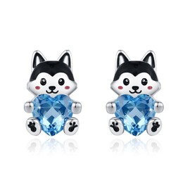 Wolfhound Earring 925 Sterling Silver Hypoallergenic Animal Earrings Hoarse Dog Stud Earrings Blue Heart Zirconia Cute Wolfhound Jewellery Gifts for Women Teen Girls, Sterling Silver, Cubic Zirconia
