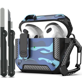 RFUNGUANGO for AirPods 3 Case Cover with Cleaning Kit and Carabiner, Safety Lock and Automatic Pop-up, Compatible with Airpods 3rd Generation Case, Support Wireless Charging, Blue Camo