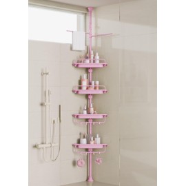 XLHOMO 32-122inch Corner Shower Caddy Tension Pole Pink, Rustproof Drill-Free Shower Shelves for Bathroom Bathtub Washbasin, Adjustable Shower Organizer with 4 Tier Patent Stable Shelves & Towel Bars