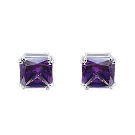 Traditional Classic Large Statement Square Princess Cut Simulated Purple Amethyst AAA CZ Solitaire Clip On Stud Earrings For Women Silver Plated Non Pierced 12MM