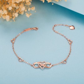 Ankle Bracelet for Women 925 Sterling Silver Anklet for Women Infinity Heart Ankle Bracelet White Gold Plated Love Charm Adjustable Large Bracelet Gifts for Women s Wife (B-rose gold)