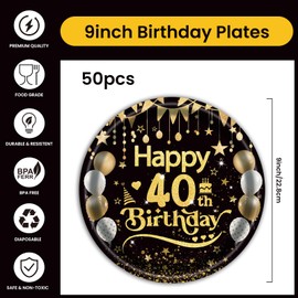 EVYIENEN Pack of 50 Happy Birthday 40th Birthday Paper Plates, 22.9 cm Black Gold Single Dessert Plates Birthday Party Tableware Paper Plates Set 40th Paper Plates Table Decoration for Picnics