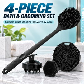 4-Piece Long Handle Bath Brush Set for Body & Face – Non-Slip Grip Design for Everyday Shower Cleaning