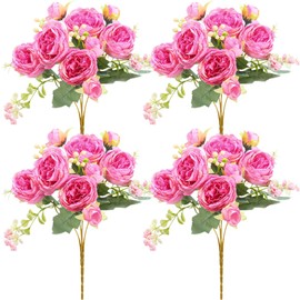 4 Bundles Artificial Peony Faux Flowers, Silk,Pink