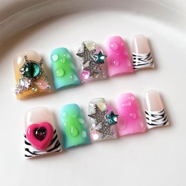 Luxury Press on Nails Medium Duck Handmade Fake Nails 3D Flower Art ＆ Gems Design False Nails with Glue,Muti-Layer Gel Thick Press ons Nail Reusable Colourful Nails for Women(Size S)