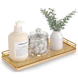 Bathroom Tray for Counter Top Organizer – Oak Wood Vanity Tray with Metal Frame for Dresser, Kitchen, Nightstand – Gold & Oak Decorative Storage