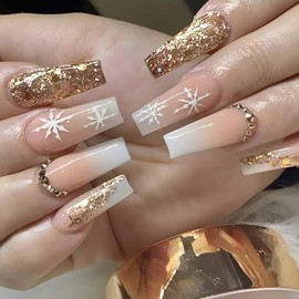 Bufenia False Christmas Nails 24 Pcs Snowflake Ballerina Press on Nails Christmas Coffin nails Acrylic Fake nails for Women and Girls (H)
