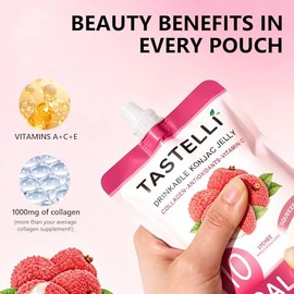 Tastelli Lychee Konjac Jelly with 1000mg Collagen & Vitamin C | Sugar Free Gluten Free Low Calorie | Vegan Fruit Snack | 150mL x 10 Pouches