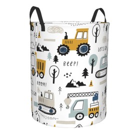 Cartoon Excavator Tractors Laundry Basket Circular Laundry Hamper with Handles Waterproof Oxford Fabric Foldable Storage Organizer Basket Gift Tote Bag for Bedroom Bathroom Dorm Living Room Nursery
