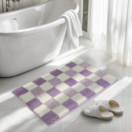 Bathroom Rugs Extra Soft Purple Lavender Checkered Bath Mat Non Slip Plush Bathroom Mat with Rubber Backing Absorbent Bath Rug Quick-Dry Washable Bath Mats for Bathroom Floor Tub and Shower 32"x20"