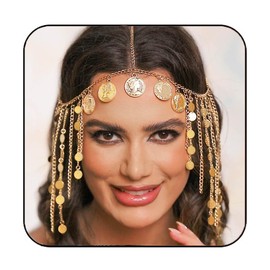 Kilshye Coin Head Chain Gold Sequin Headpiece Hair Chains Festival Costume Headband for Women