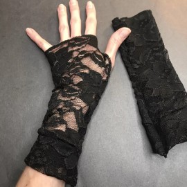 Trixy Xchange Goth Black Lace Gloves Floral Fingerless Cuffs Wedding Wrist Length Steampunk OS