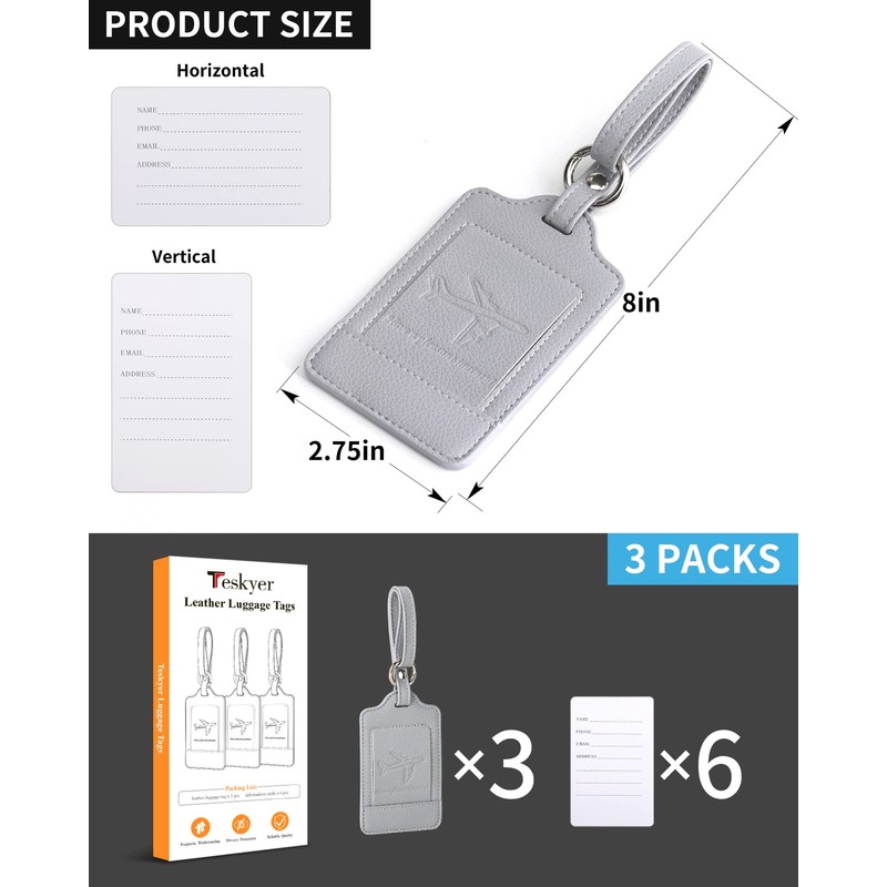 Teskyer 3 Pack Luggage Tags for Suitcases, Luggage Labels, Microfiber