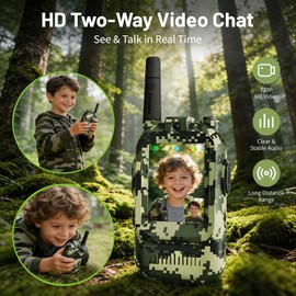 Video Walkie Talkies for Kids, 2 Pack Camo 2 Way Radio Toys for 3-12 Year Old Boys, Long Range Handheld Walkie Talkie for Outdoor Camping Hiking, Best Birthday Gifts (Camo Green) (Camo Green)