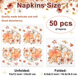 Lecheme Fall Napkins 50 pcs Pumpkin Bow Maple Leaves Fall Cocktail Napkins for Autumn Party Birthday Baby Shower Luncheon Dinner Thanksgiving Table Decorations,6.5x6.5 Inch