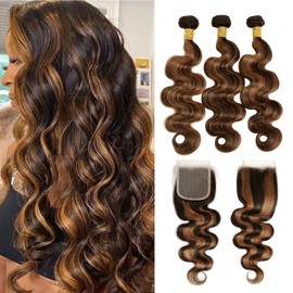 MOMOSHERO Brown Highlight Body Wave 2x6 HD Lace Closure with Bundles Human Hair, Soft Glossy 10A Ombre Balayage #1b/30 Color 2 by 6 HD Lace Closure with 3 Bundles 100% Human Hair 14 16 18+14 Inch