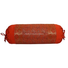 Stylo Culture Traditional Polydupion Cylindrical Yoga Bolster Pillow Cover Orange Jacquard Brocade Border Paisley Large Sofa Round Cylinder Cushion Cover (1 Pc) | 30x15 Inches (76x38 cm)