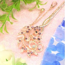 Miaomyao Kanzashi Kanzashi Hair Accessory Single Piece Kimono Kimono Hair Ornament, Pink Gold, Zirconia, Antique Peacock, Hair Accessory (Purple)