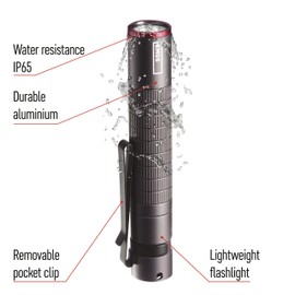 EMOS Waterproof Mini Flashlight, Super Bright CREE LED Flashlight, 100lm Metal Pen Torch with 65m Beam Range, IP65 Rated Steel, Clip, Black, P3150