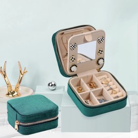 Dajasan Velvet Travel Jewelry Box, Mini Travel Jewelry Case, Small Portable Travel Jewelry Organizer with Mirror for Women Girls (Green)