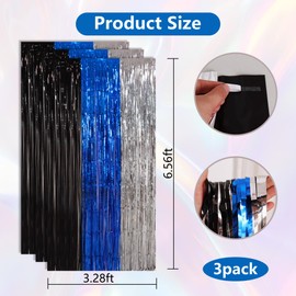 BEISHIDA 3Pcs Black Blue Silver Door Streamer Backdrop Foil Fringe Tinsel Curtains Backdrops for Boy Men Birthday Baby Shower Bachelor Party Decoration (3.28 ft x 6.56 ft)